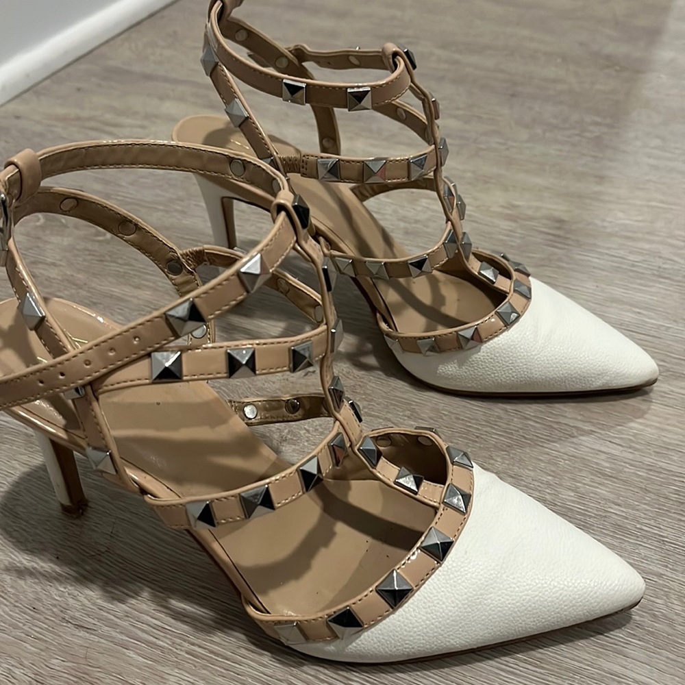 White & Tan Faux Leather Studded Heels
